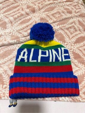 Alpine Striped Pom Beanie Hat - Blue, Red, Green, Yellow, White